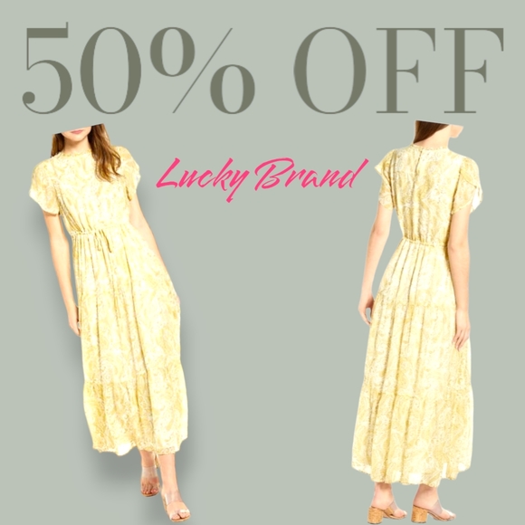 LUCKY BRAND Designer Ariel Yellow Paisley Peasant Tiered Maxi Dress!! NWT!! - Picture 7 of 13